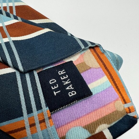 Ted Baker Mens 100% Silk Plaid Tie With Geometric Inner Design Brown/Blue/Orange - Picture 2 of 5
